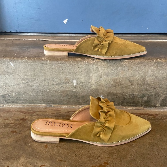 Journee Collection Olive Green Ruffle Suede Pointed Mule Loafers - Picture 2 of 6